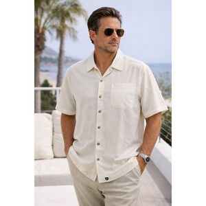 Nat Nast Silk Cotton Herringbone Camp Shirt Cream Off White Luxury Resort Sz XL